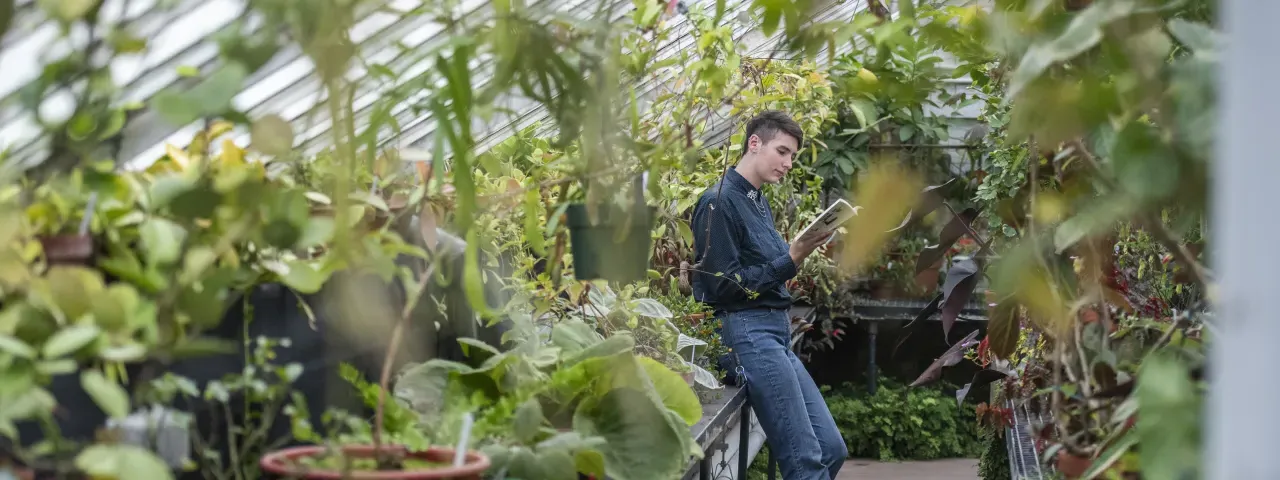 A student in the greenhouse, reading a book.